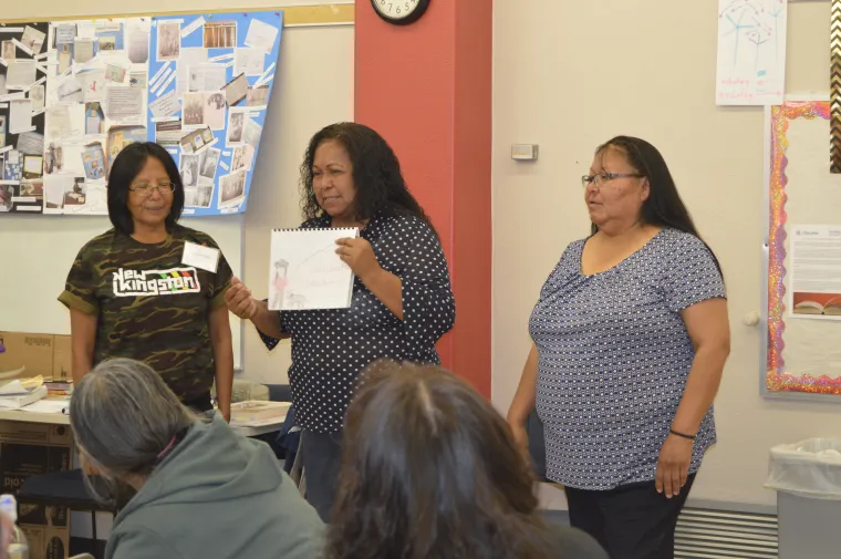 three female presenting in front of the class using sketch book